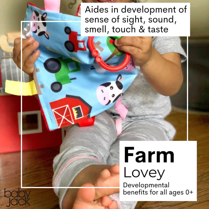 The Learning Lovey Baby Sensory Farm Animal Crinkle Tag Toy for Developing 5 Senses - Learning Shapes and Colors - Tummy Time - Travel Stroller Keepsake with BPA Free Clip for On The Go 8" x 8" - Image 3